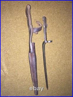 Original Rare M1941 Johnson Rifle Spike Bayonet with Leather Scabbard USMC WWII