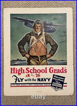 Original WWII Recruitment Poster High School Grads Fly With The Navy RARE 22x28