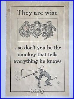 RARE Original 1942 WWII poster THEY ARE WISE 3 Monkey Propaganda Poster 14x21
