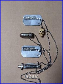 RARE WW2 US ARMY DOG TAG SET w CHAIN, SOUVENIER SKULL, MINI POCKET KNIFE, BULLET