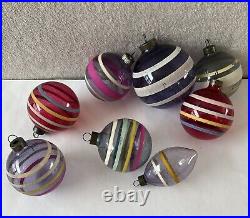 RARE WWII Era Unsilvered SHINY BRITE Striped Glass Ball Ornaments Lot of 8