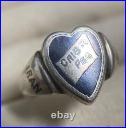 RARE WWII Sweetheart Ring Cris To Pat Iran 1943 Sterling & Enamel Heart Sz 6.5