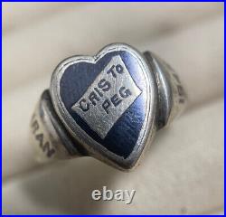 RARE WWII Sweetheart Ring Cris To Pat Iran 1943 Sterling & Enamel Heart Sz 6.5
