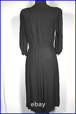 Rare Classic French Vintage Early 1940's Wwii Era Black Rayon Dress Sz 8-10