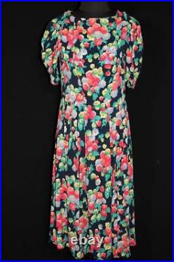 Rare French Wwii Era 1940's VIVID Colorful Rayon Crepe Floral Print Dress Size 6