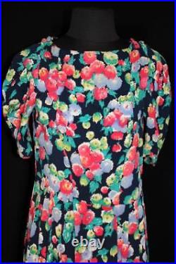 Rare French Wwii Era 1940's VIVID Colorful Rayon Crepe Floral Print Dress Size 6