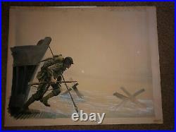 Rare Original Illustration Art Painting WWII Landing At Normandy D-Day