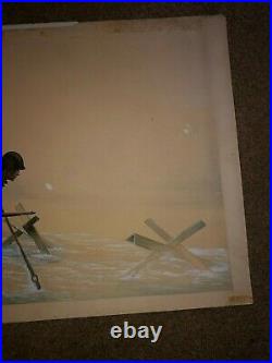 Rare Original Illustration Art Painting WWII Landing At Normandy D-Day