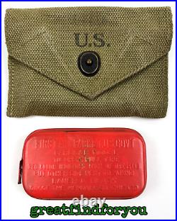 Rare US Army WWII M1942 First Aid Kit Canvas Pouch with Red Tin Carlisle Dressing