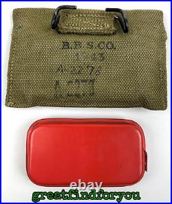 Rare US Army WWII M1942 First Aid Kit Canvas Pouch with Red Tin Carlisle Dressing
