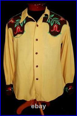 Rare Vintage 1930's-1940's Wwii Era Gold Embroidered Gabardine Western Shirt Sm