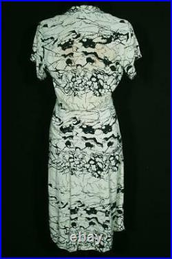 Rare Vintage French 1940's Wwii Era Green Silky Rayon Print Dress Size 8-10