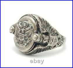 Rare WW2 Era US Army Insignia Sterling Silver Sweetheart Photo Locket Ring sz 10