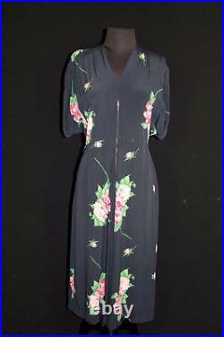 Very Rare Vintage 1940's Wwii Era Black Floral Silky Rayon Dress Size 8-10