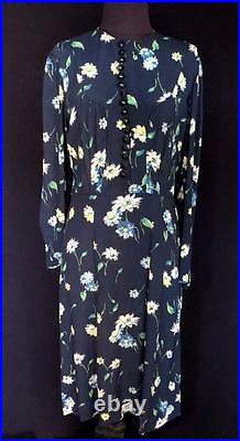 Very Rare Vintage 1940's Wwii Era Blue Floral Silk Crepe Dress Size 8-10