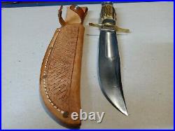 Vintage Rare old UNSCO Solingen Bowie Scout Knife Stag Bone hunting case WWII
