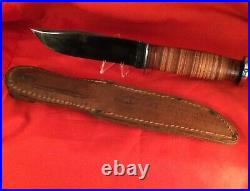 Vintage Western fixed blue blade knife WW2 soldiers knife w signed sheath rare