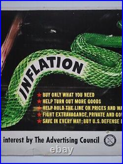 Vtg 1951 Inflation Post Wwii Snake Cardboard Sign Poster 28x11 Hold It Down Rare