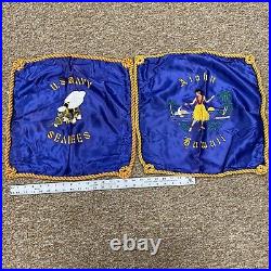 Vtg Authentic Seabees Banner Hawaii Theater Made Pillow Cases Set Rare WWII