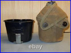 WW2 USMC Cross flap Canteen Cover 1942 Porcelain Canteen and RARE Porcelain Cup