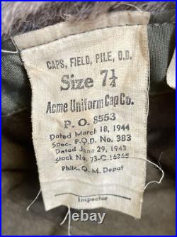 WW2 WWII Original 1943 Acme Uniform Cap Co US Army Winter Hat Rare Green Fur EUC