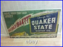 WWII LARGE EX. RARE Original 1940's Quaker State Oil Paper sign