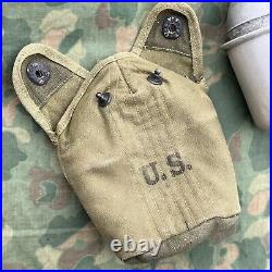 WWII US Army Transitional Canteen Cover Set WW2 Original Cup 1944 1945 JQMD Rare