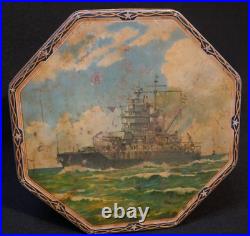 WWII US Navy Commemoration Biscuit Tin USS IDAHO USS ARIZONA Rare Antique