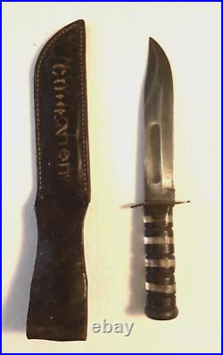 WWII USMC KA-BAR OLEAN, NY FIGHTING KNIFE WithRARE RETOOLED HANDLE & NAMED SCABBARD