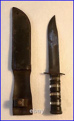 WWII USMC KA-BAR OLEAN, NY FIGHTING KNIFE WithRARE RETOOLED HANDLE & NAMED SCABBARD